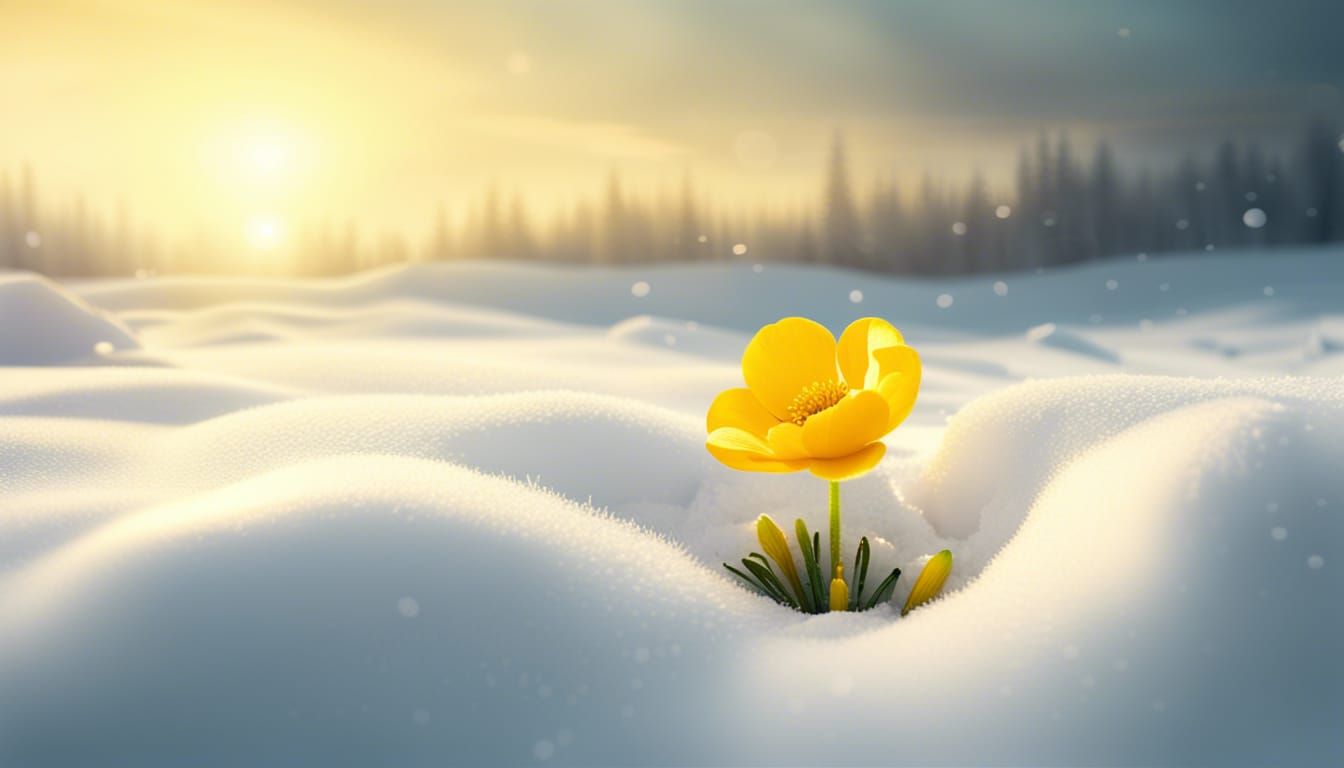 Glowing Buttercup Emerges from Snow: 3D Digital Art