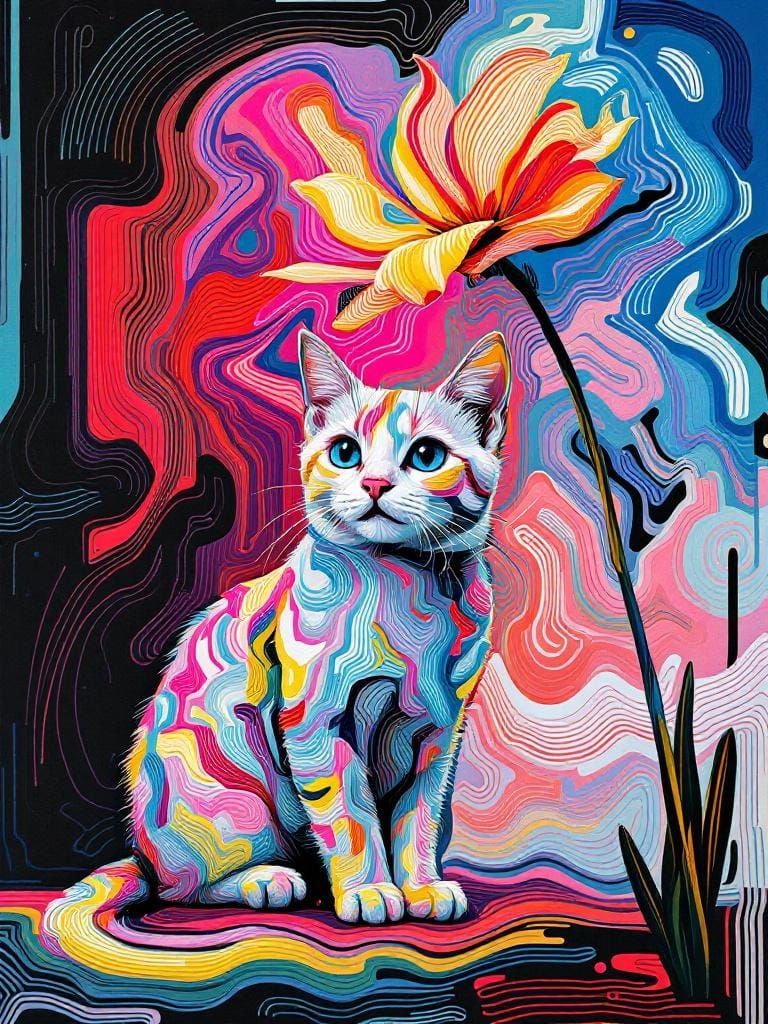 Abstract Cat Under Flower in Willem de Kooning Style