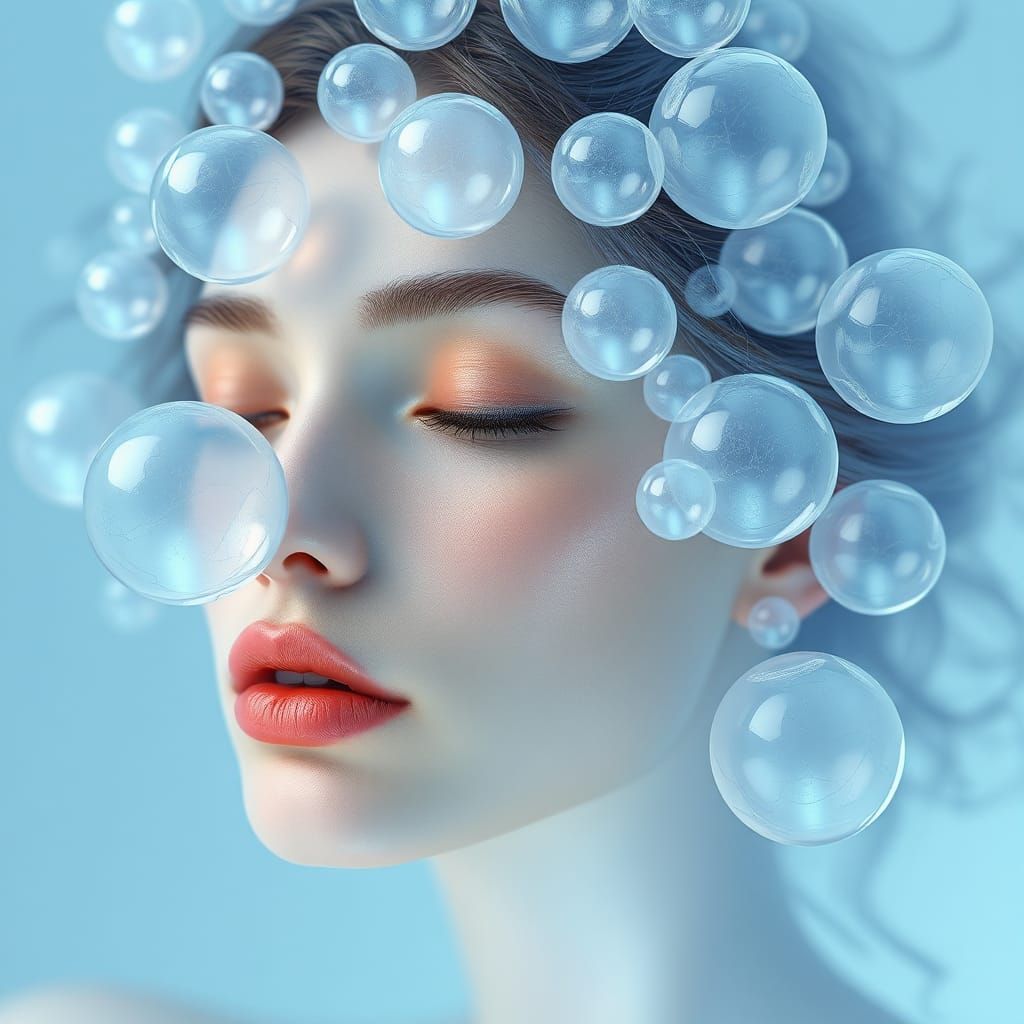 Surreal Woman's Face Merging with Iridescent Spheres