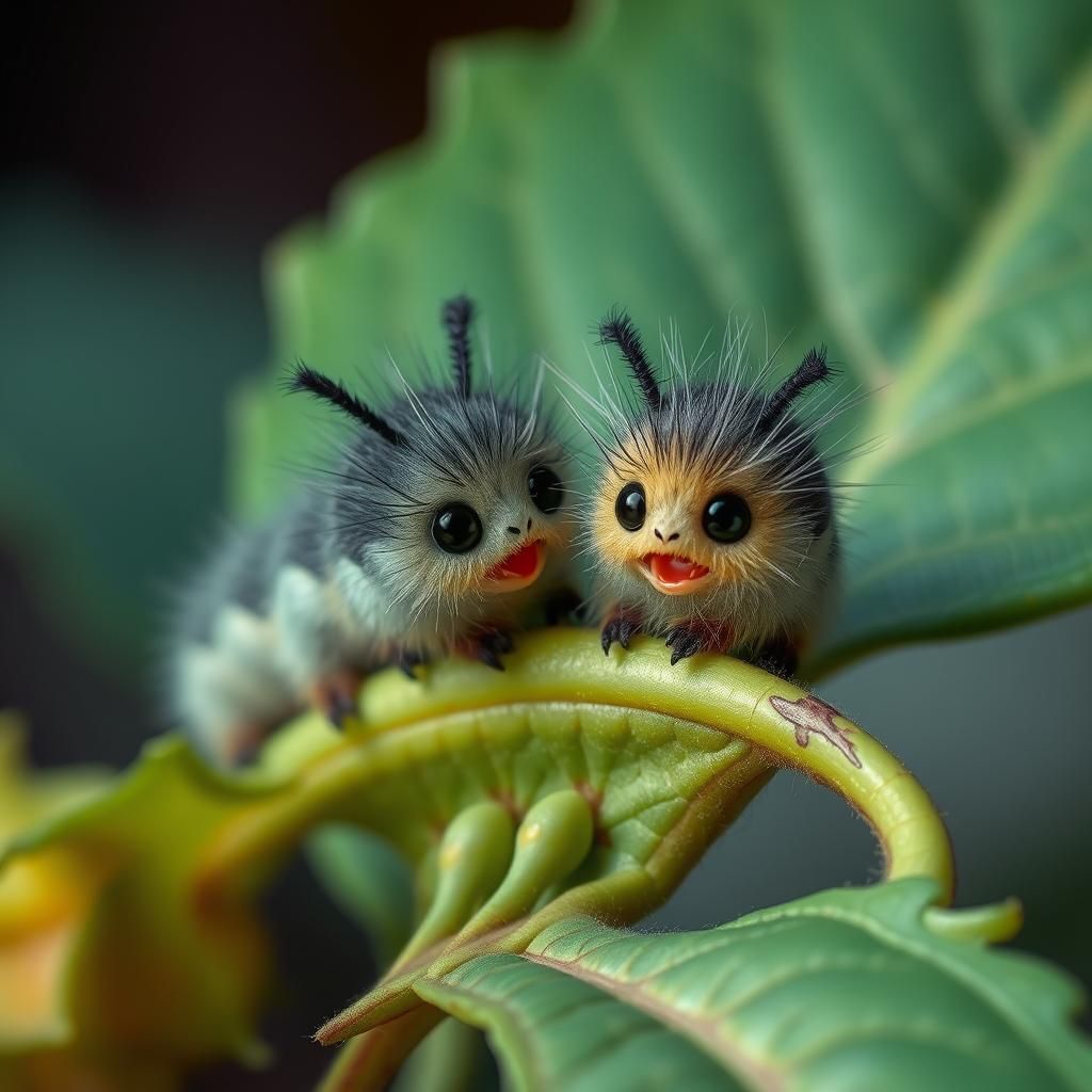 Cute Chibi Caterpillars Feast on Green Plant