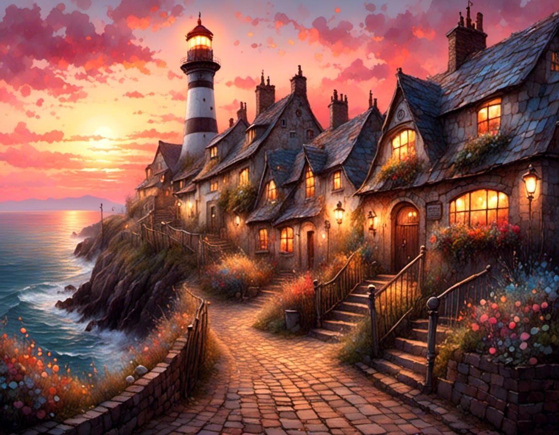 Seaside Village Sunset with Lighthouse in Oil Painting Style