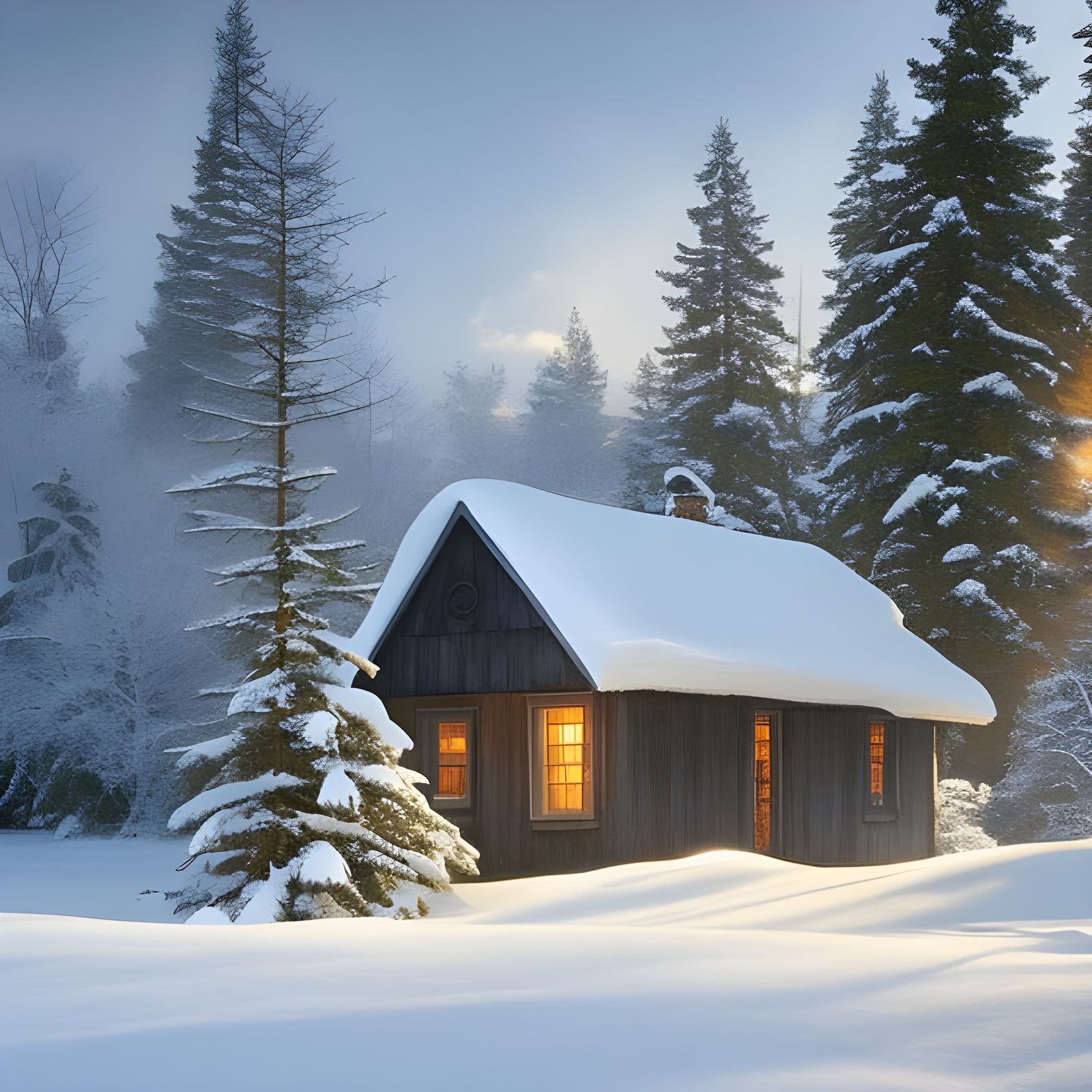 Cozy Cottage in Snowy Woods, Luminist Style