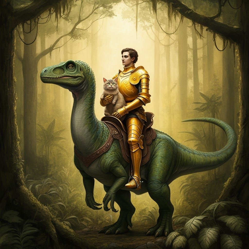 Knight with Cat Riding Dinosaur in Lush Forest