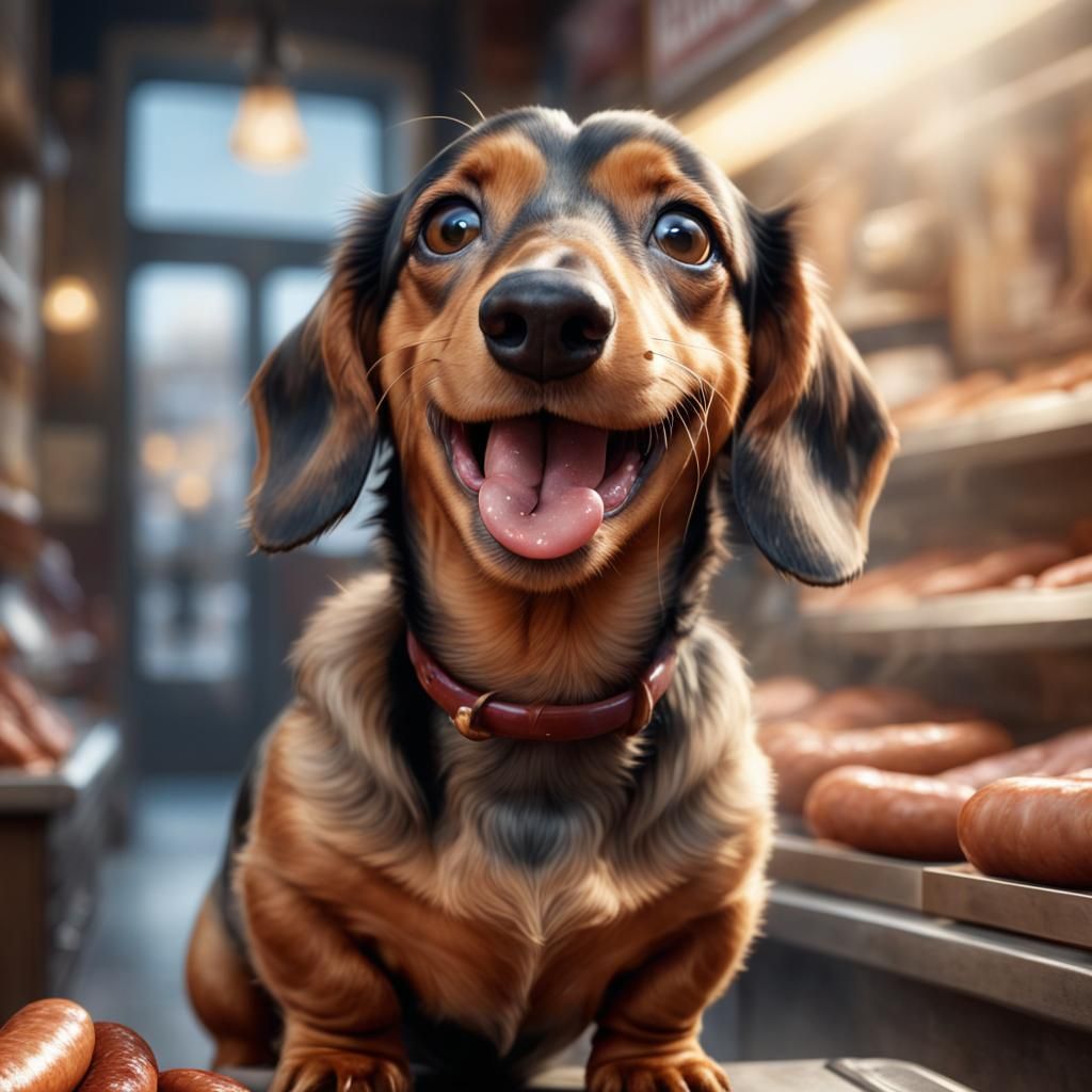 Happy Dachshund Begging for Sausage in Hyperrealistic Style