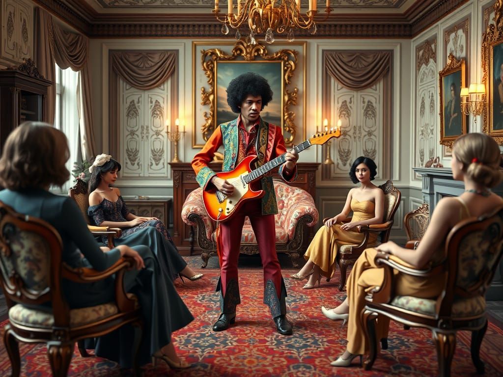 Jimi Hendrix Plays Guitar in Regency Living Room
