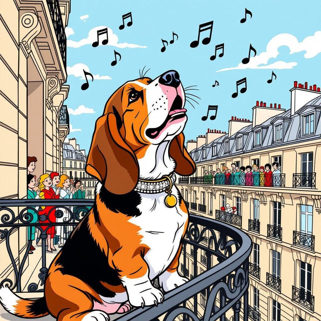 Happy Basset Hound Howling on Parisian Balcony in Cartoon St...