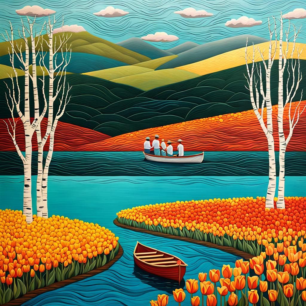 Hyperrealistic River Scene with Rowing Boat