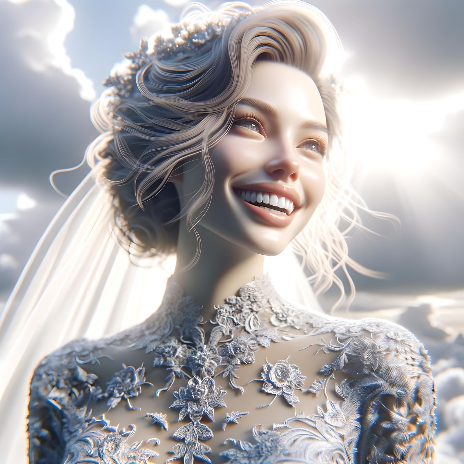 Radiant Bride in Silver Gown: 3D Digital Portrait