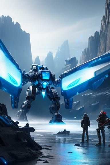 Icy Mecha Robot with Blue Electricity, Sci-Fi Art