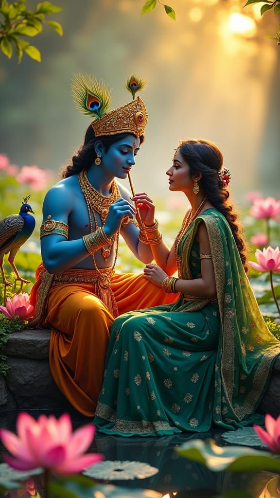 Radha and Krishna in Lotus Garden at Dawn