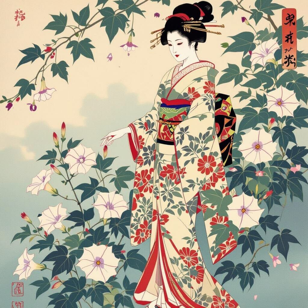 Geisha in Kimono Among Morning Glories: Ukiyo-e Style