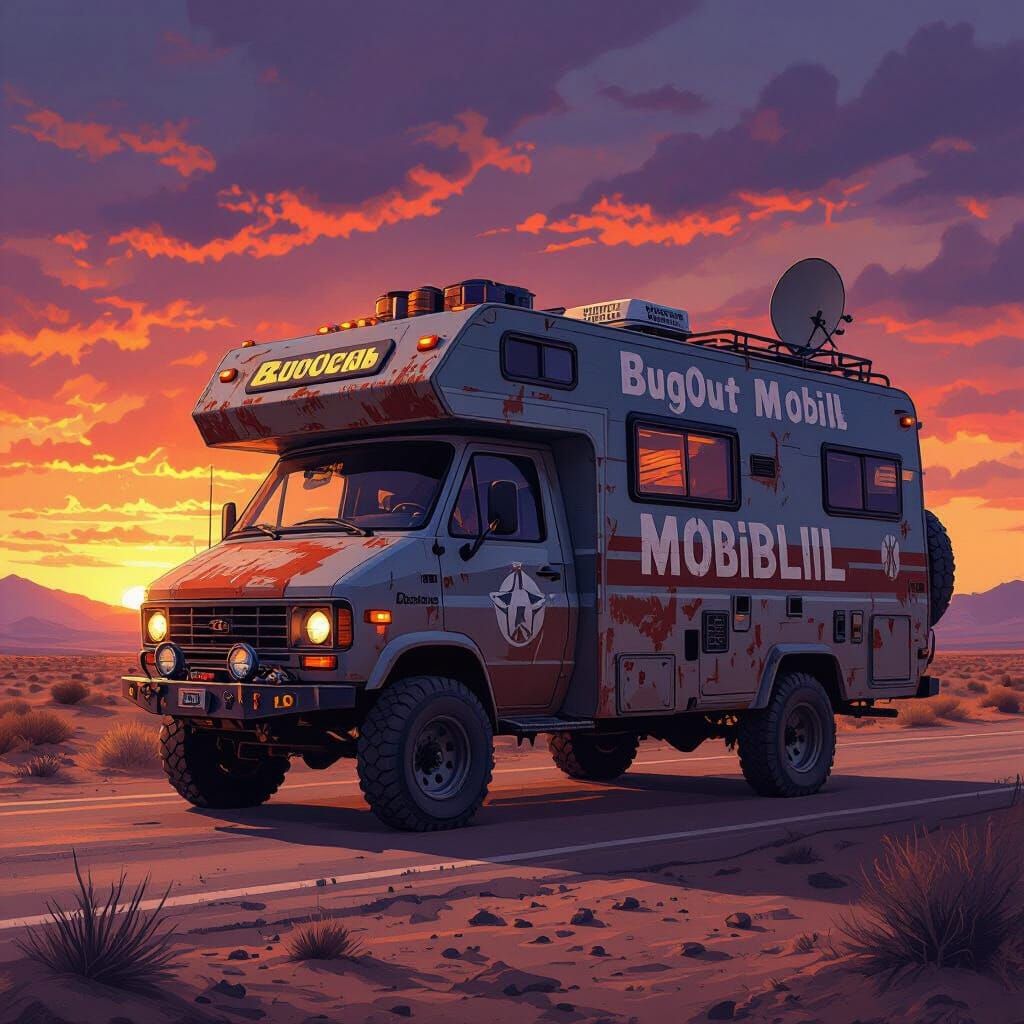 Rugged Retro-Futuristic BugOut Mobil in Desert Sunset