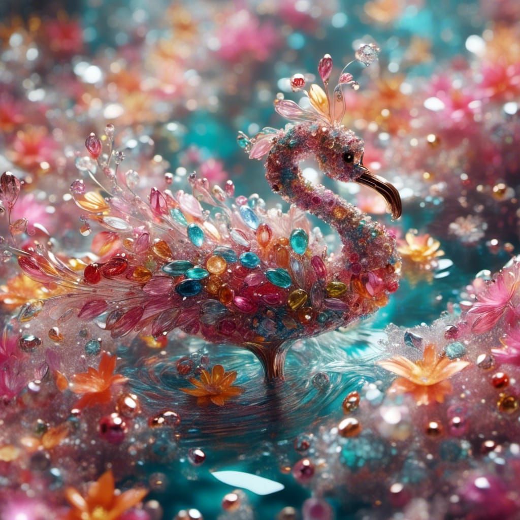 Gemstone Flamingo in Aqua Pool: Crystal Art