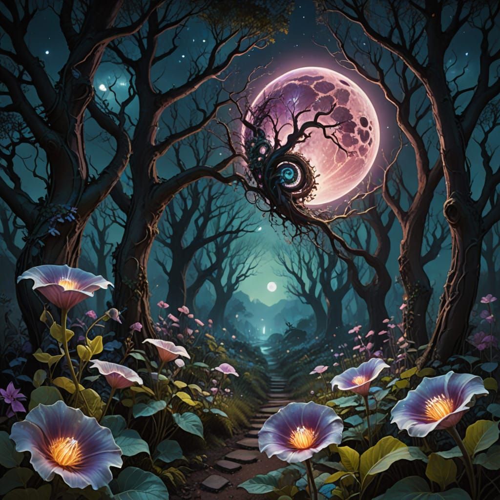 Surreal Blood Moonlit Forest Scene with Glowing Moonflowers ...