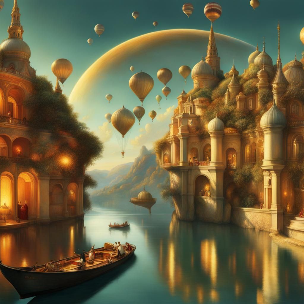 Golden Flying Saucer in Hyperreal Magical Realism