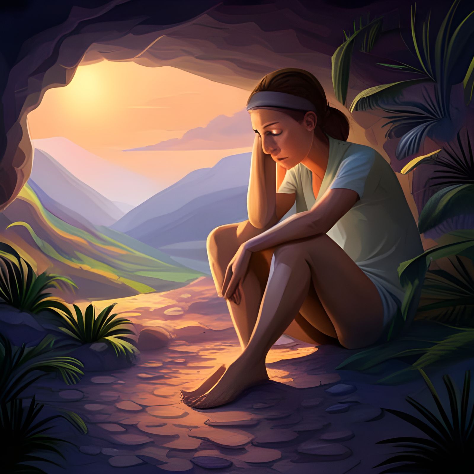 Distressed Prehistoric Mother Overwhelmed in Cave