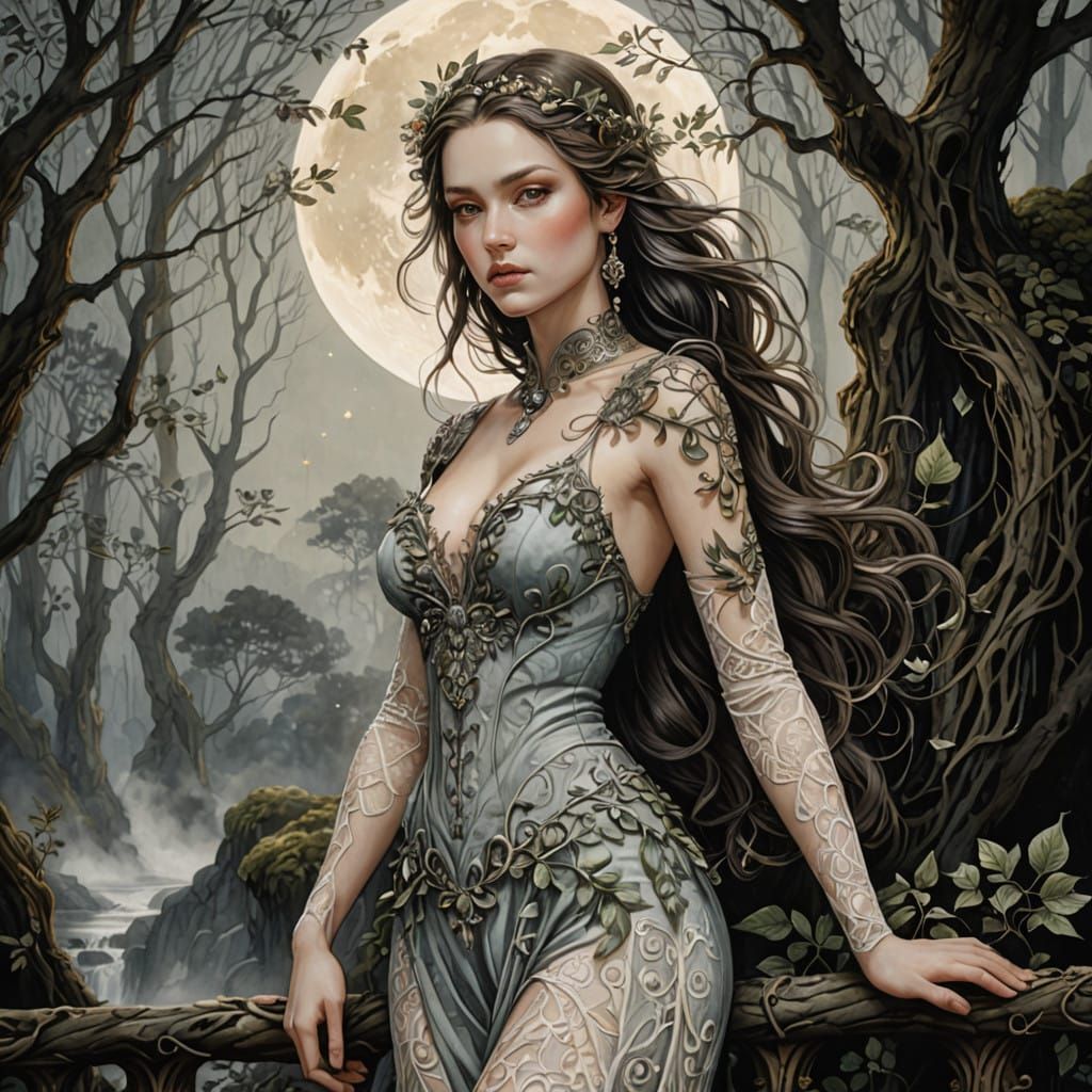 Ethereal Woodland Goddess in Moonlit Glory