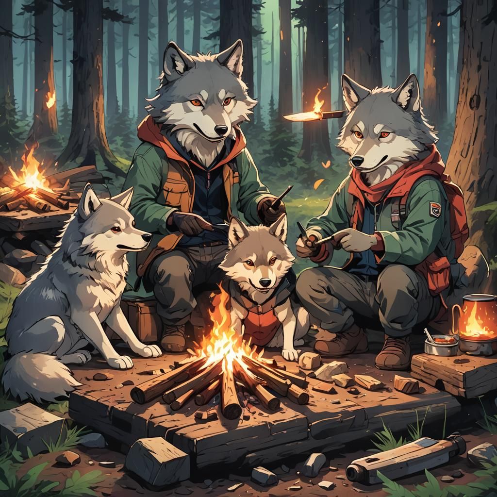 Anthropomorphic Wolf Sharpening Knives by Bonfire