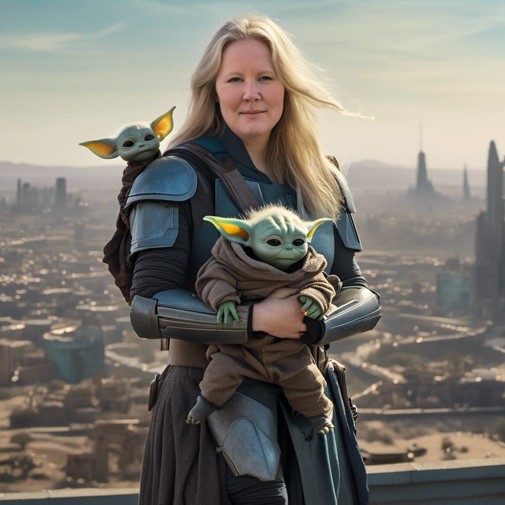 Mandalorian Warrior and Baby Yoda Overlook Alien City
