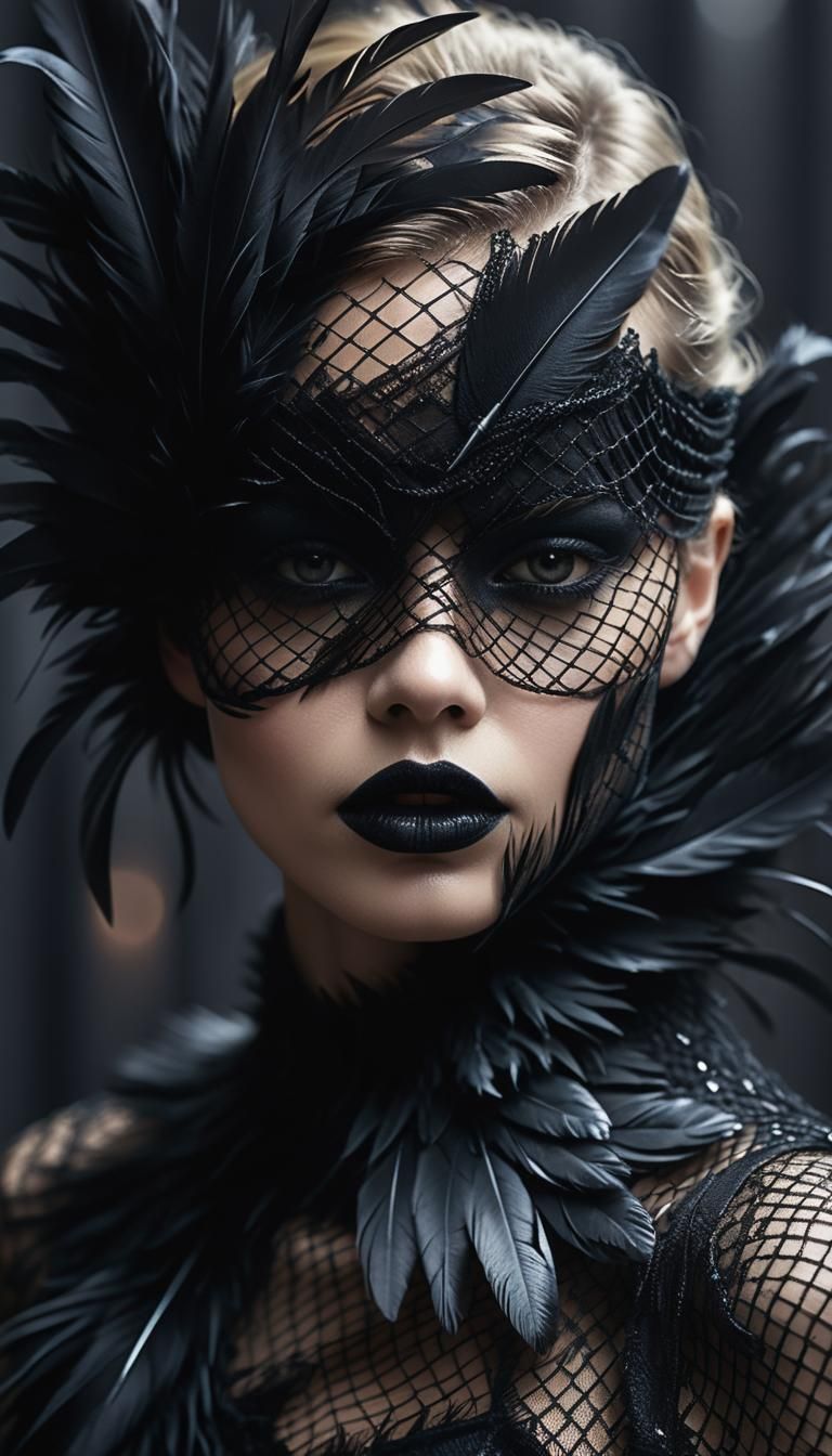 Dark Fantasy Portrait with Feathers and Metallic Lipstick