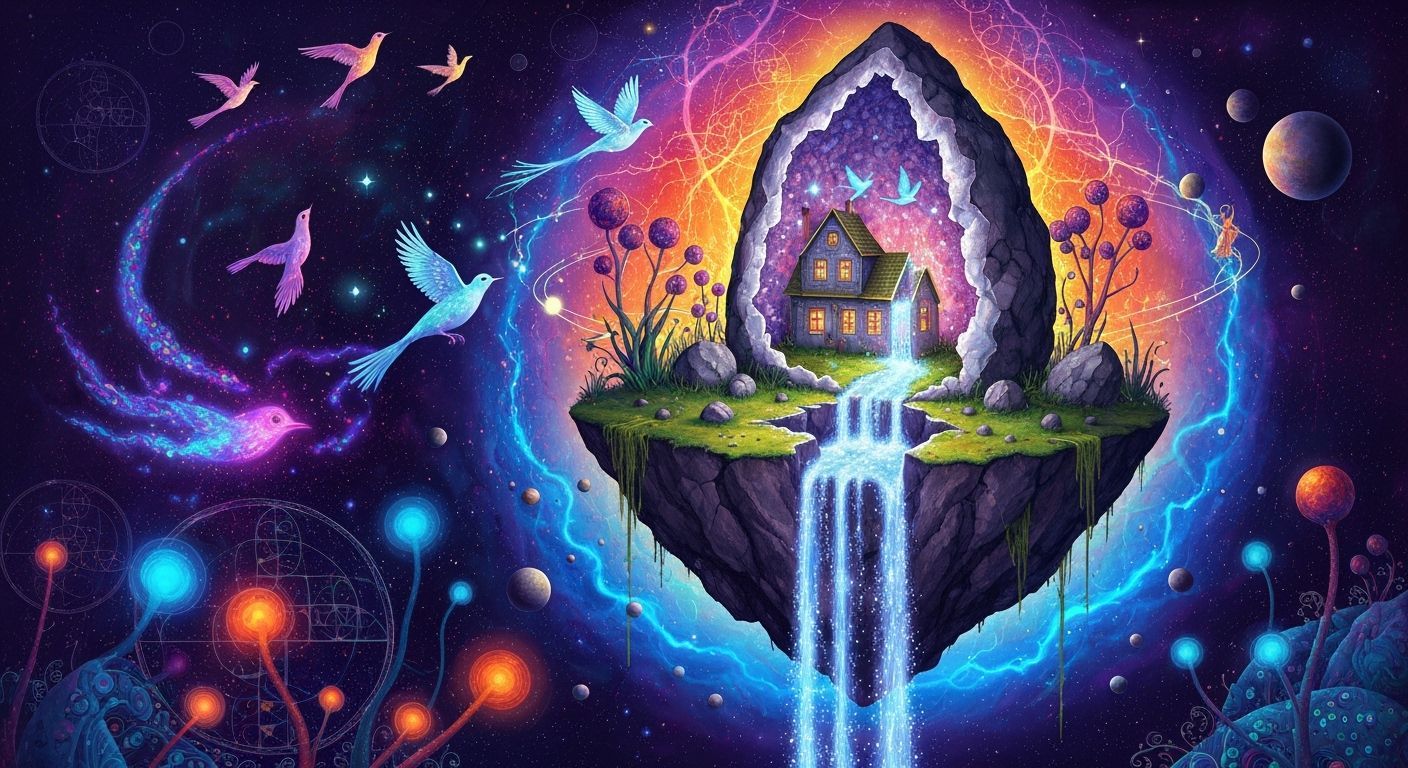 Gemstone Geode House on Floating Island with Cosmic Birds