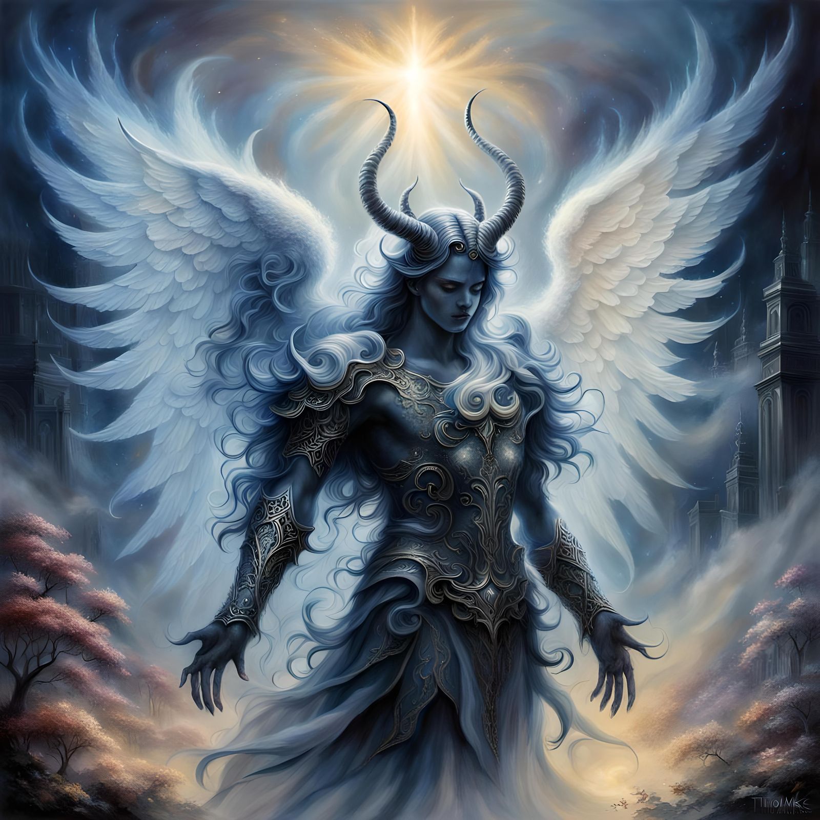 Ethereal Angel Embracing a Demon of Smoke