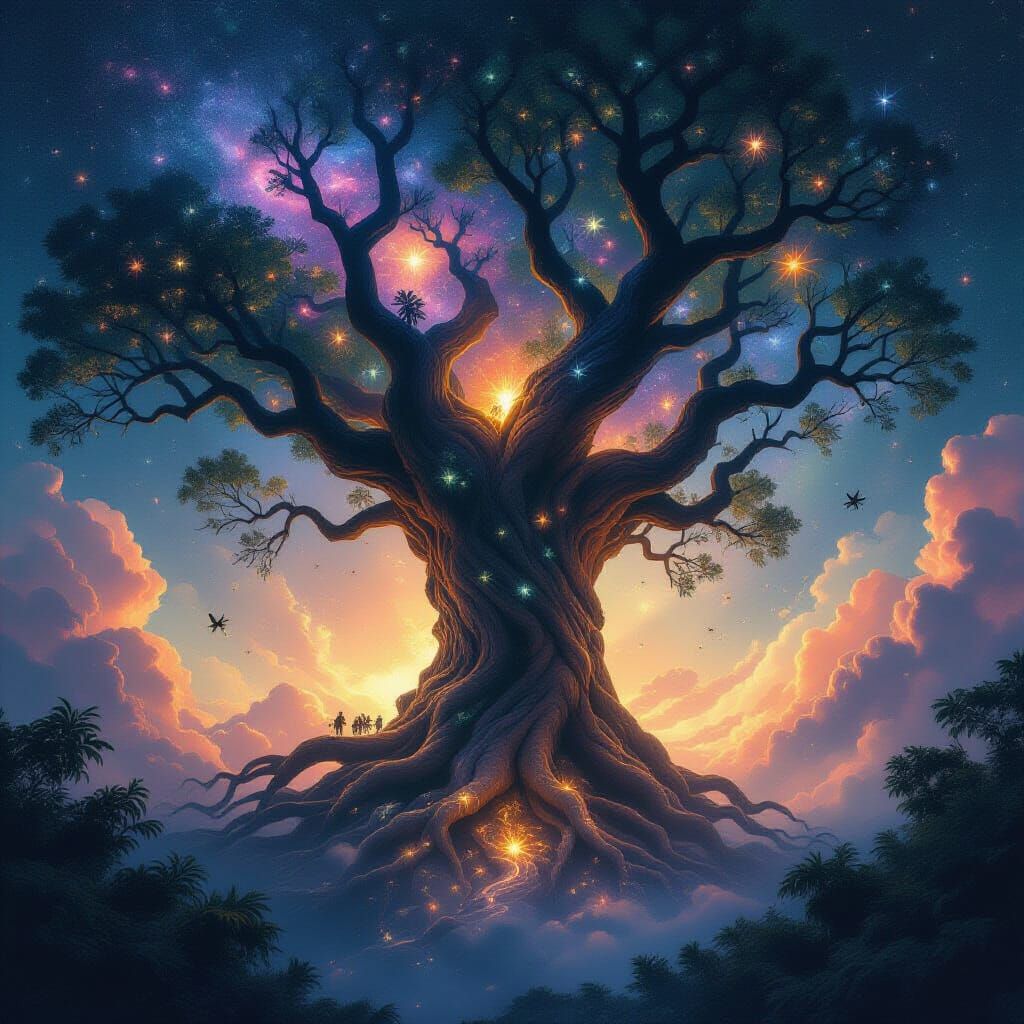 Ancient Cosmic Tree in Nebula, Watercolor Style