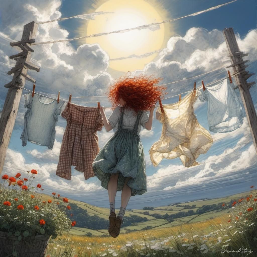 Girl Hanges Clothes on Clothesline on Sunny Day