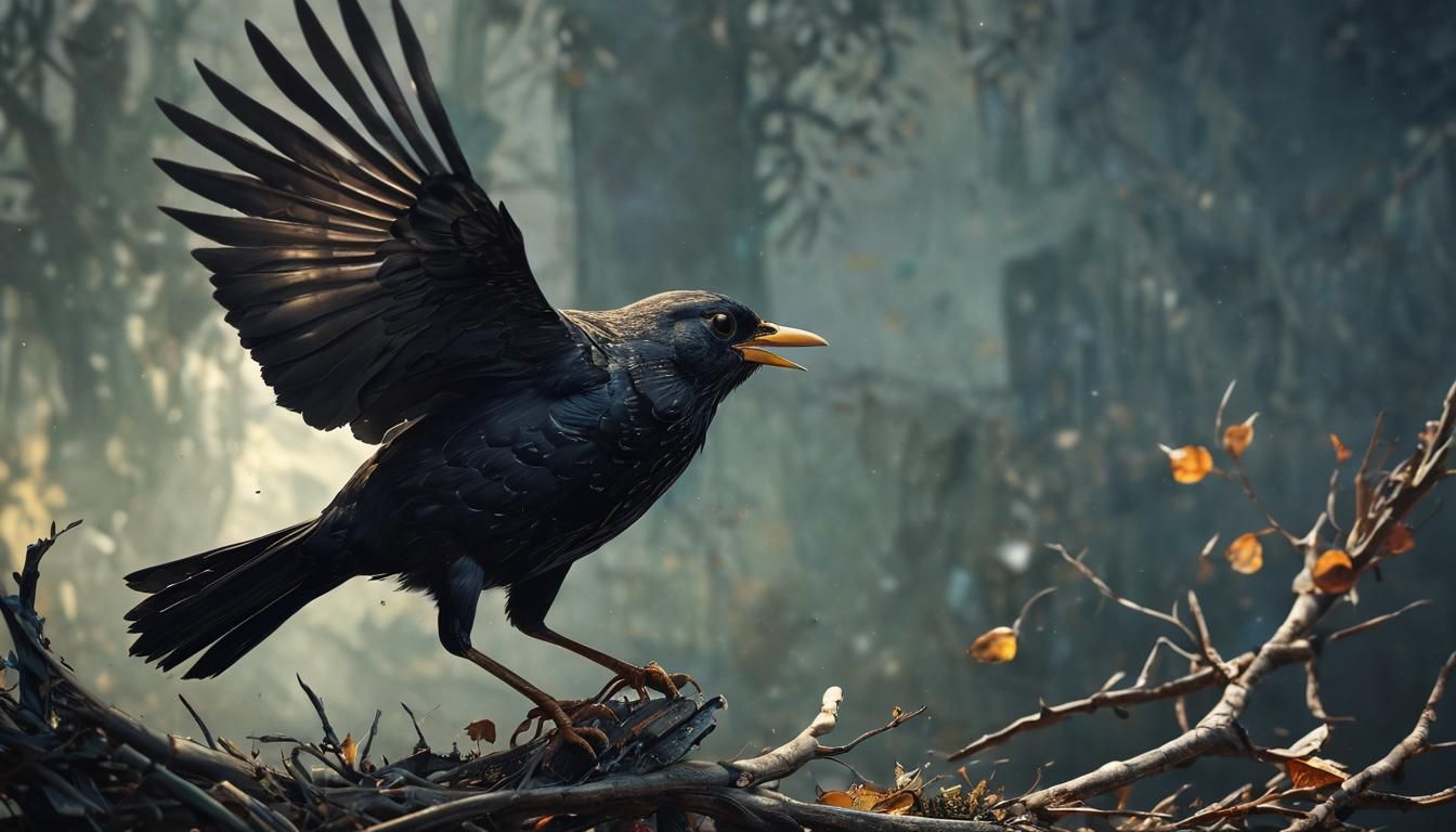 Blackbird in Flight: Stylized Watercolor Art