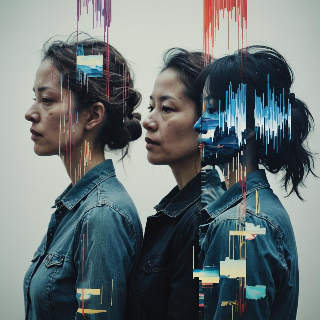 Glitch Art Triptych: Double Exposure Silhouette Emotions