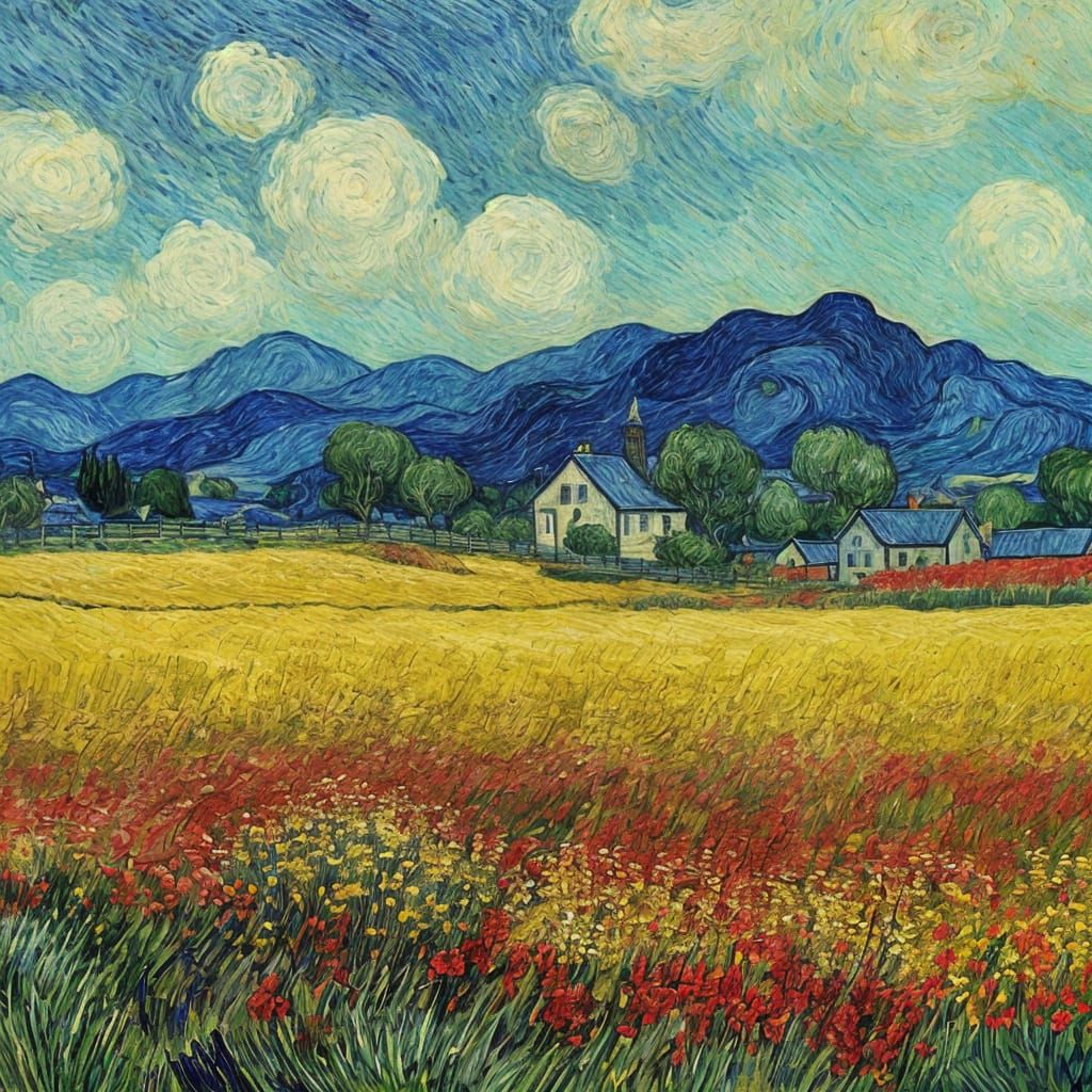 Van Gogh Style Landscape with Cottage and Flowers