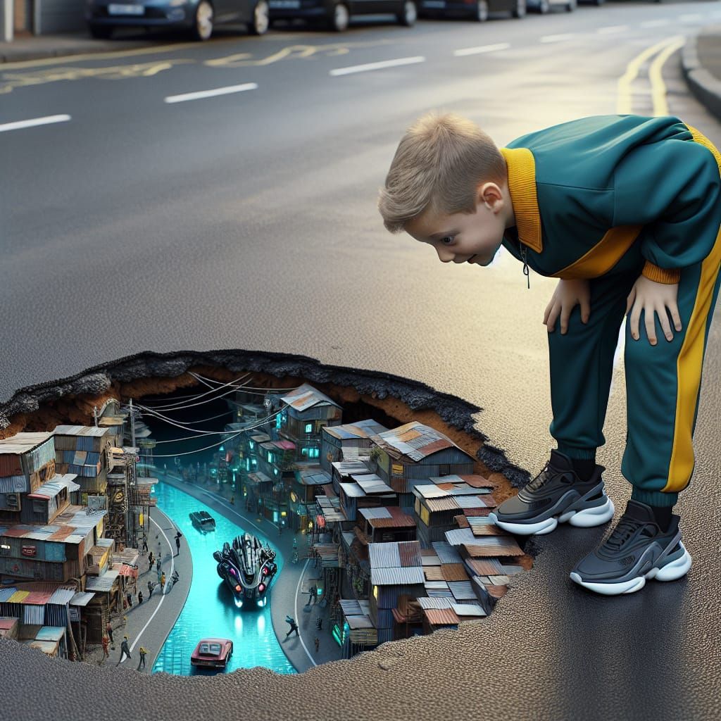 Boy Finds Cyberpunk City in Pothole