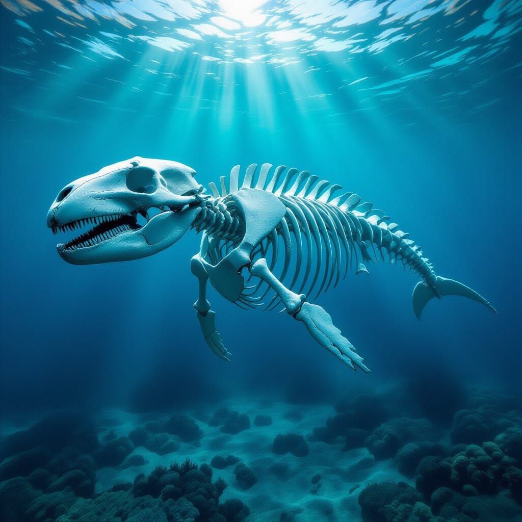 Giant Whale Skeleton Drifts in Ethereal Deep Sea Light