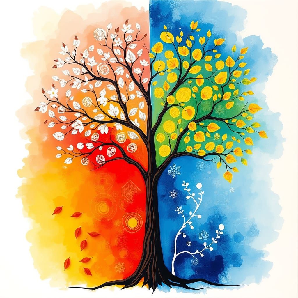 Divided Seasons Abstract Tree Art in Vibrant Complementary C...