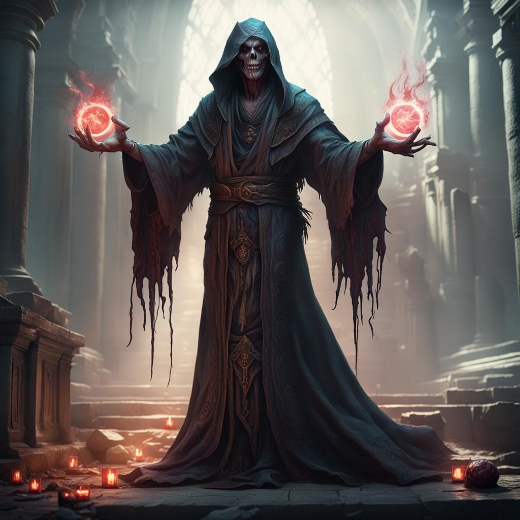 Undead Necromancer Conjuring Magic in Dark Fantasy Style