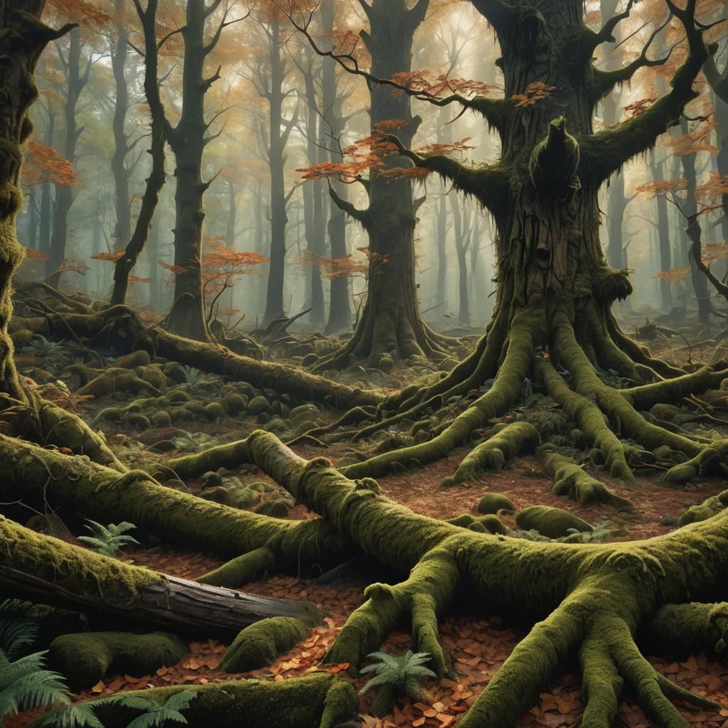 A fall forest with wildlife and a steam