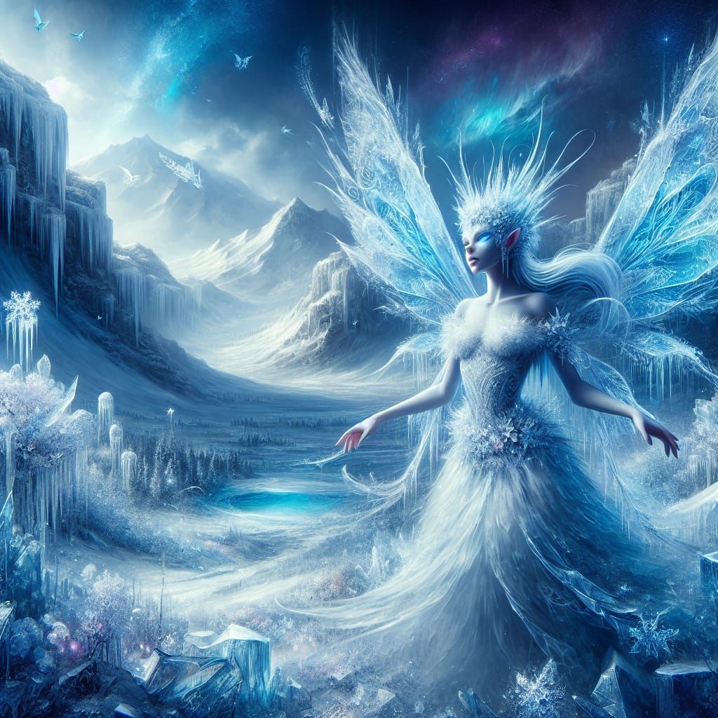 Magical Ice Fairy in Winter Landscape
