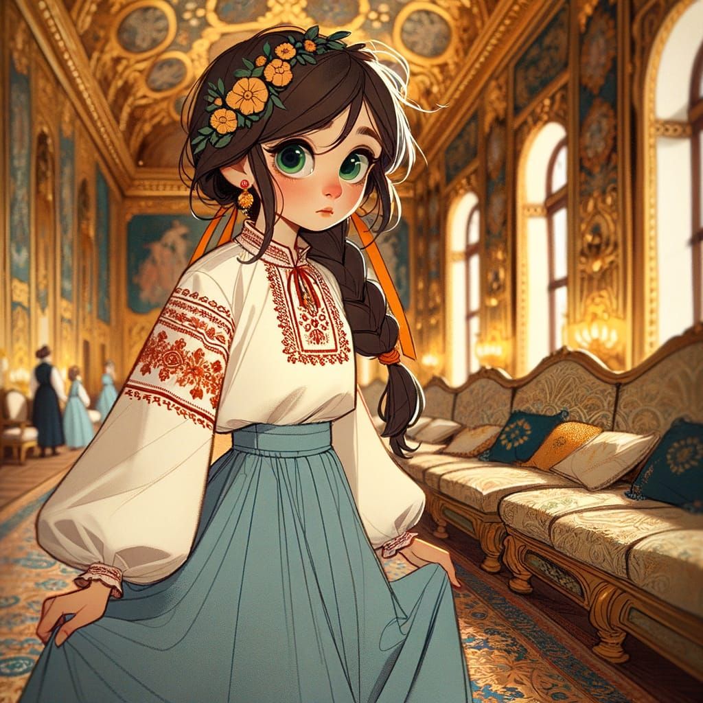 Ukrainian Girl in Vyshyvanka with Green Eyes