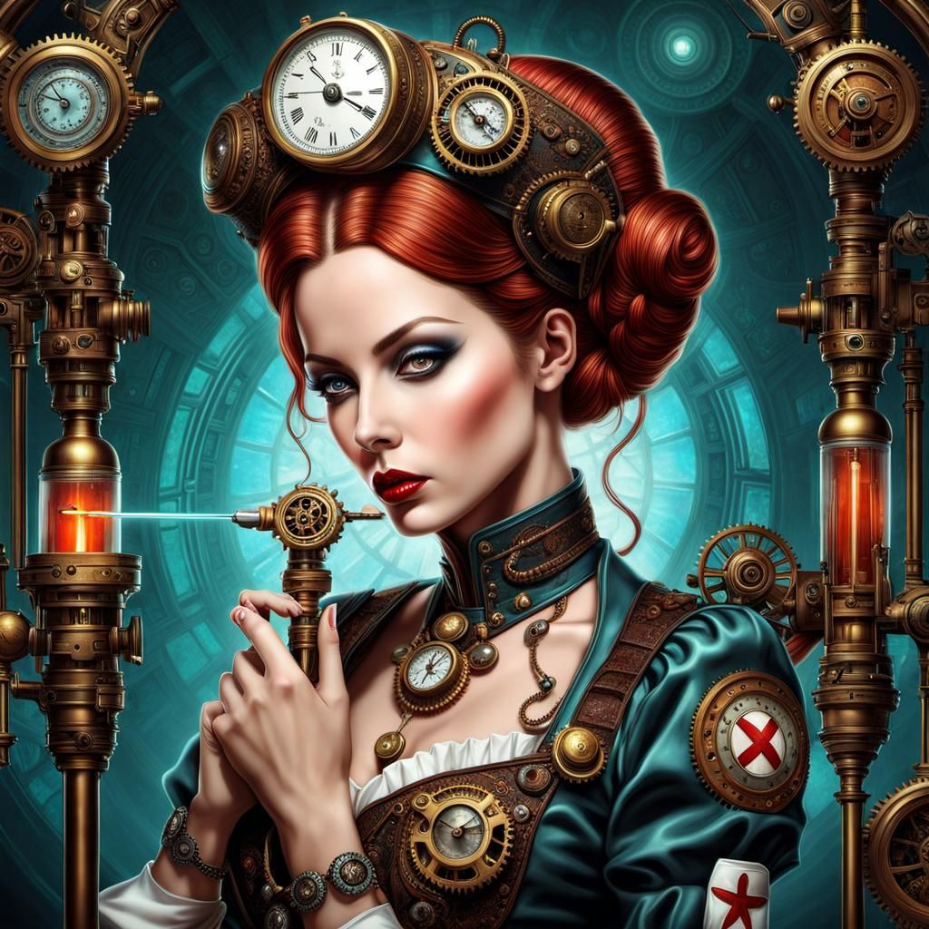 Steampunk Nurse Prepares Syringe in Sci-Fi Setting