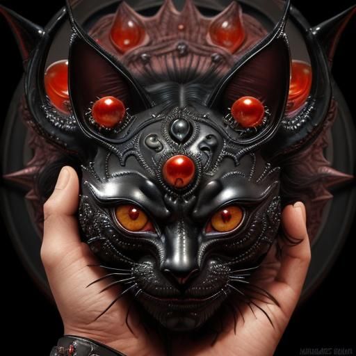 Demonic Cat Head Held in Human Hands