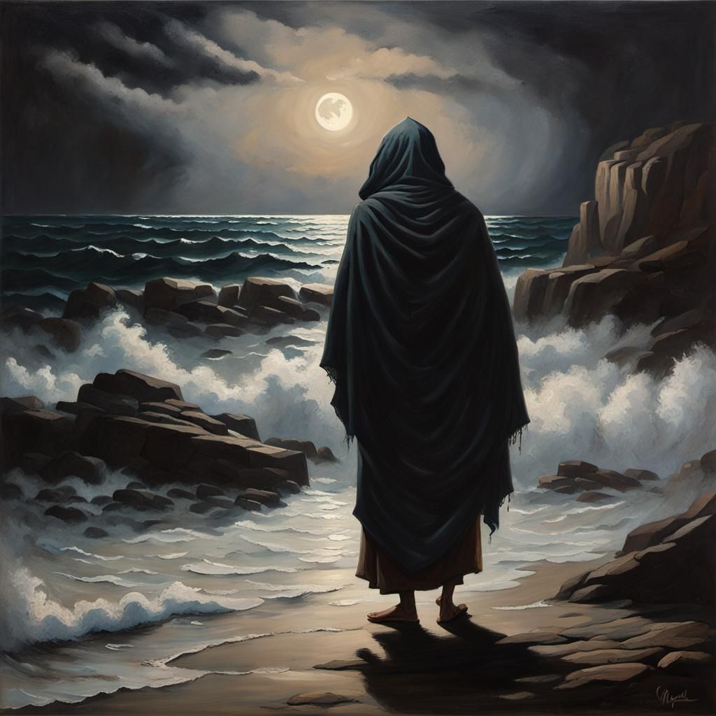 Mysterious Old Man on Shoreline: An Oil Painting