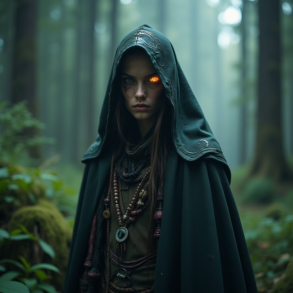 Biopunk Shaman in Misty Forest