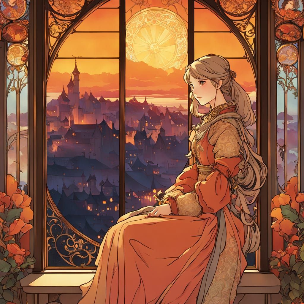 Medieval Girl by Window in Warm Colors with Ink Outlines