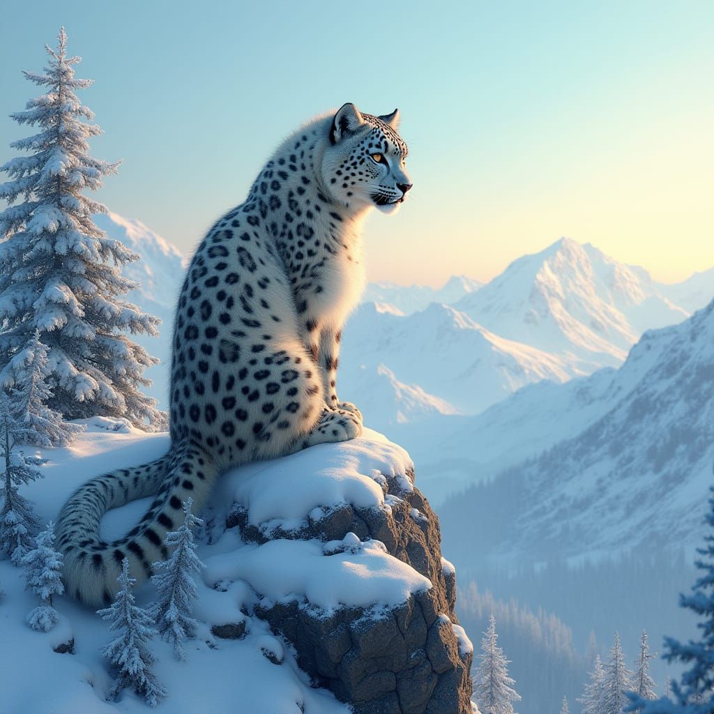 Snow Leopard on Snowy Peak in Evening Light