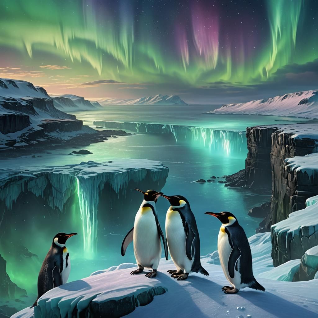 Penguins Overlook Aurora Borealis in Digital Matte Painting