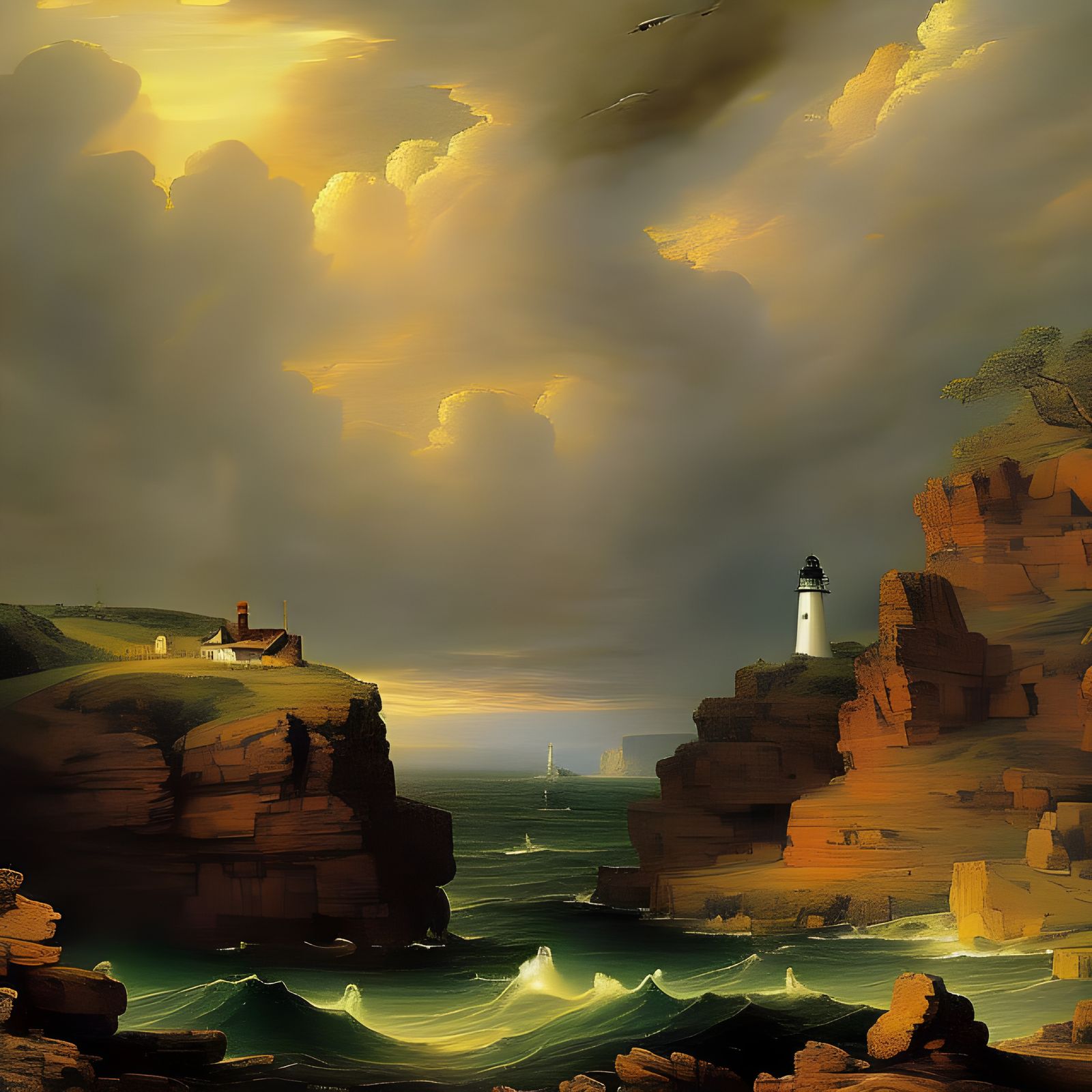 Lighthouse Outpost on Rocky Cliff in Luminism Style