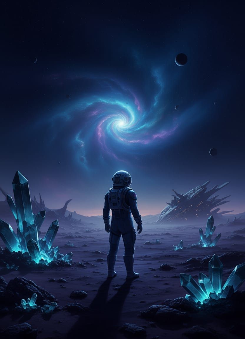 Astronaut Gazes at Nebula on Alien Planet with Crystalline R...