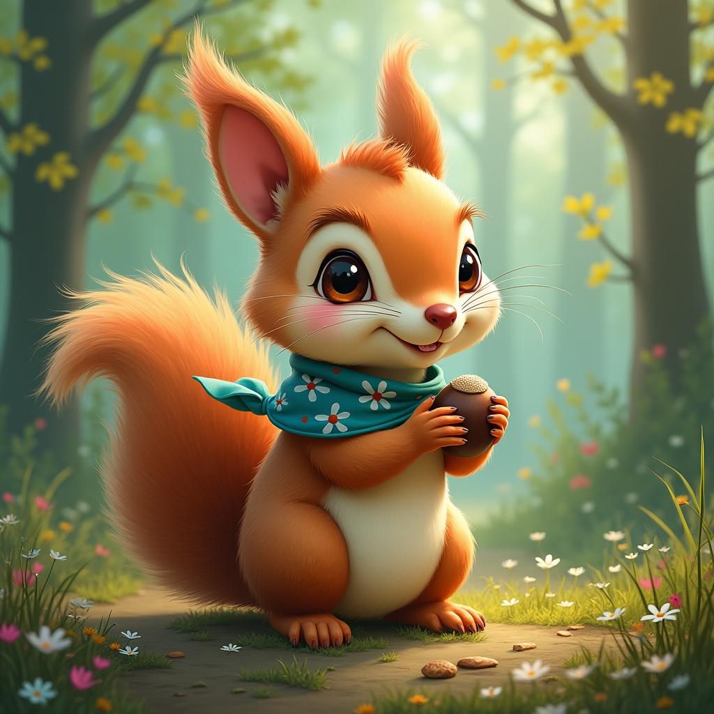 Whimsical Squirrel with Bandana in Idyllic Forest
