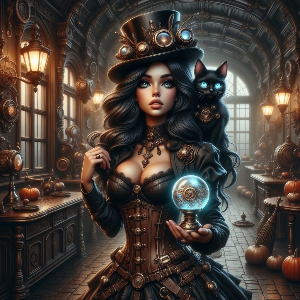 Steampunk Witch with Cat in Dungeon