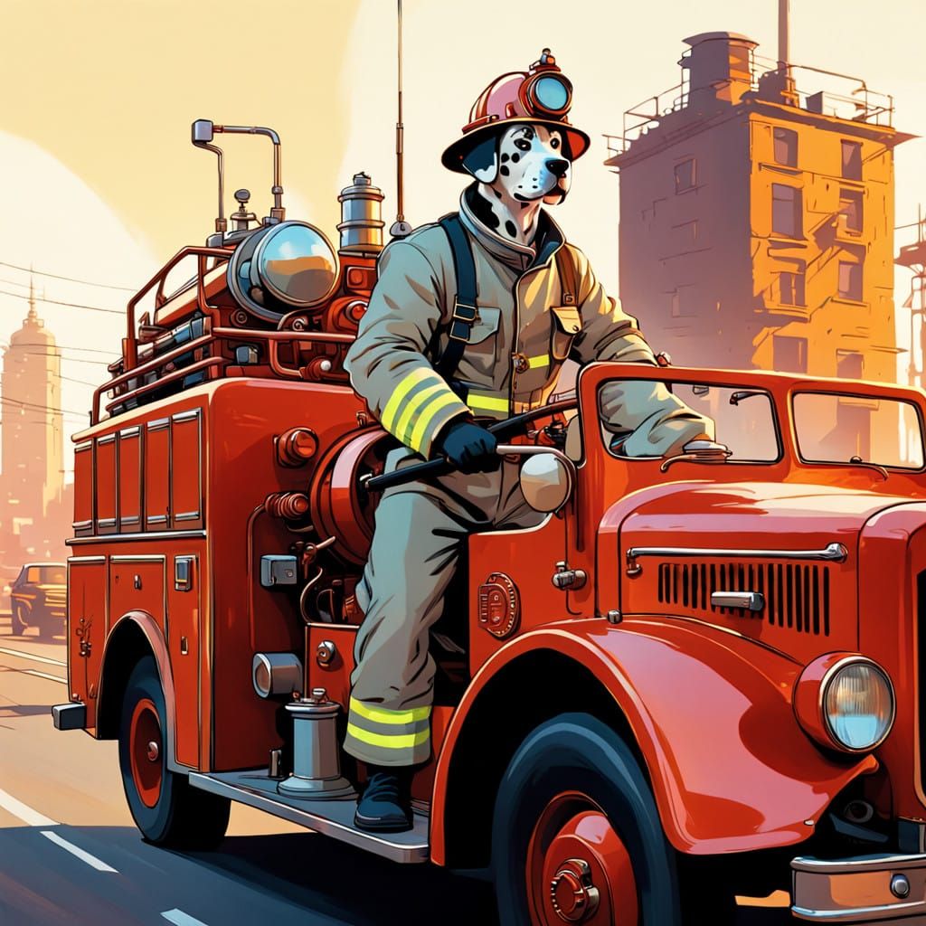 Vintage Firetruck Racing Through Sunset City Streets